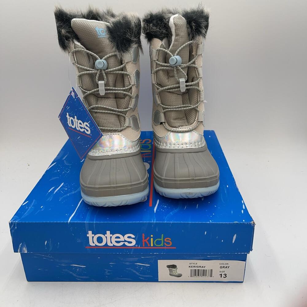 Totes Kids KERIGRAY Snow Boots Kids Size 13 Gray Lace Up Fur Trim Winter